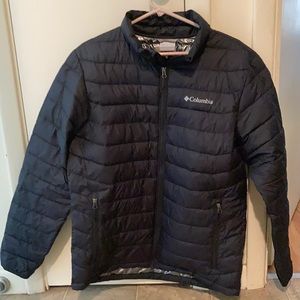 Men’s Columbia black winter coat. Outside zip pockets and inside pockets.